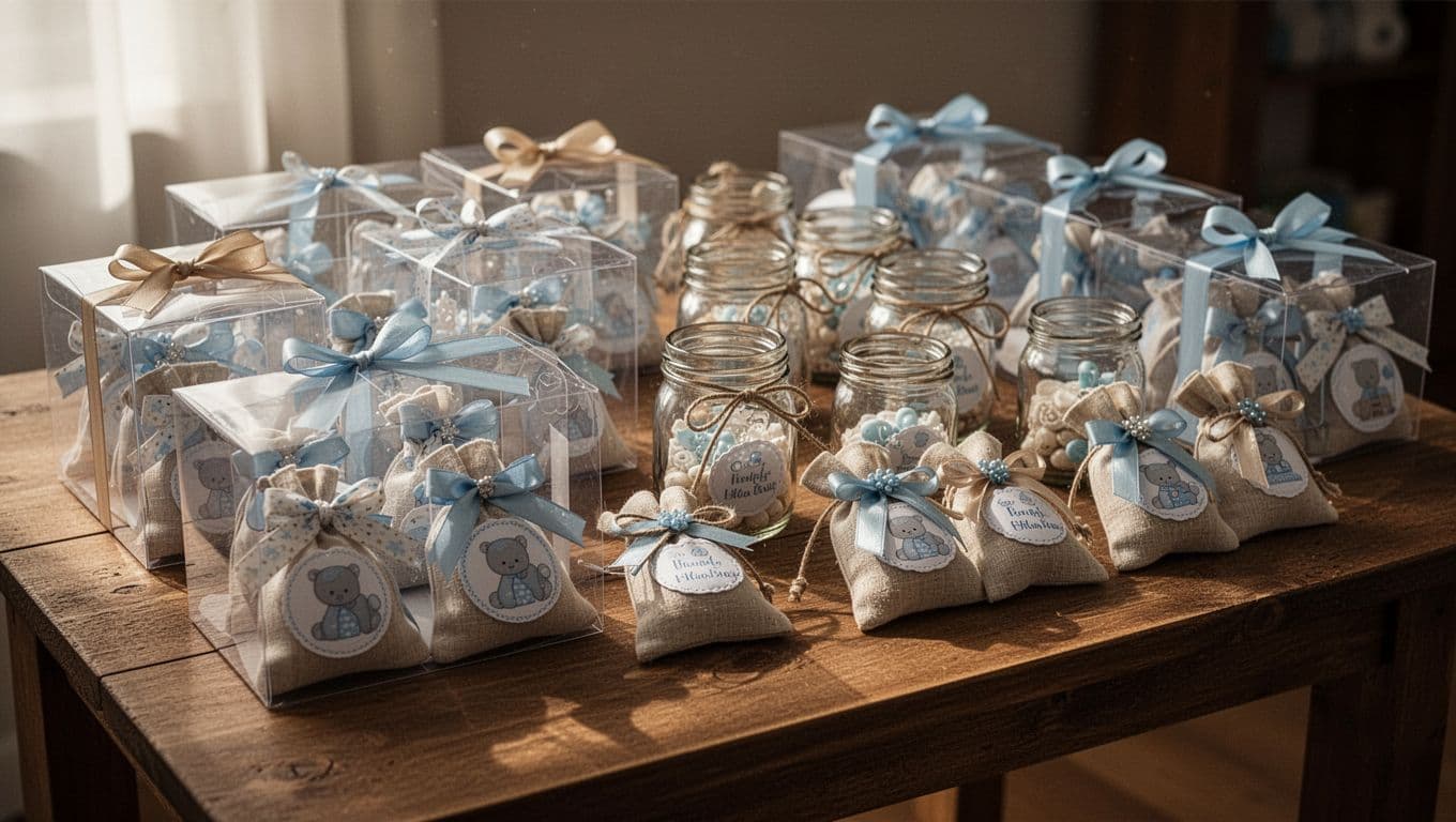 A rustic wooden table displays an assortment of baby shower favors including clear boxes, glass jars, and tied pouches. Soft warm lighting illuminates the tags and ribbons with elegant cinematic depth.
