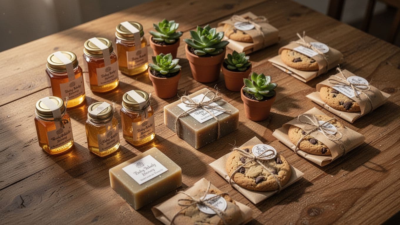 A rustic wooden tabletop holds mini honey jars, small succulent pots, handmade artisan soaps, and decorated cookie bags. Warm light streams across the arrangement, creating soft shadows and a cozy, inviting aesthetic.