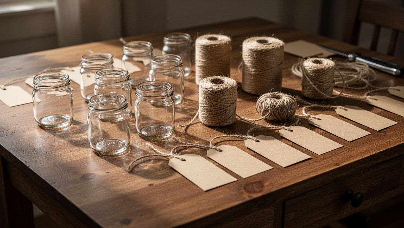 Small glass jars, bundles of twine, and decorative printed tags are neatly arranged on a wooden desk. Warm light casts deep, soft shadows across the organized station for a gentle aesthetic.