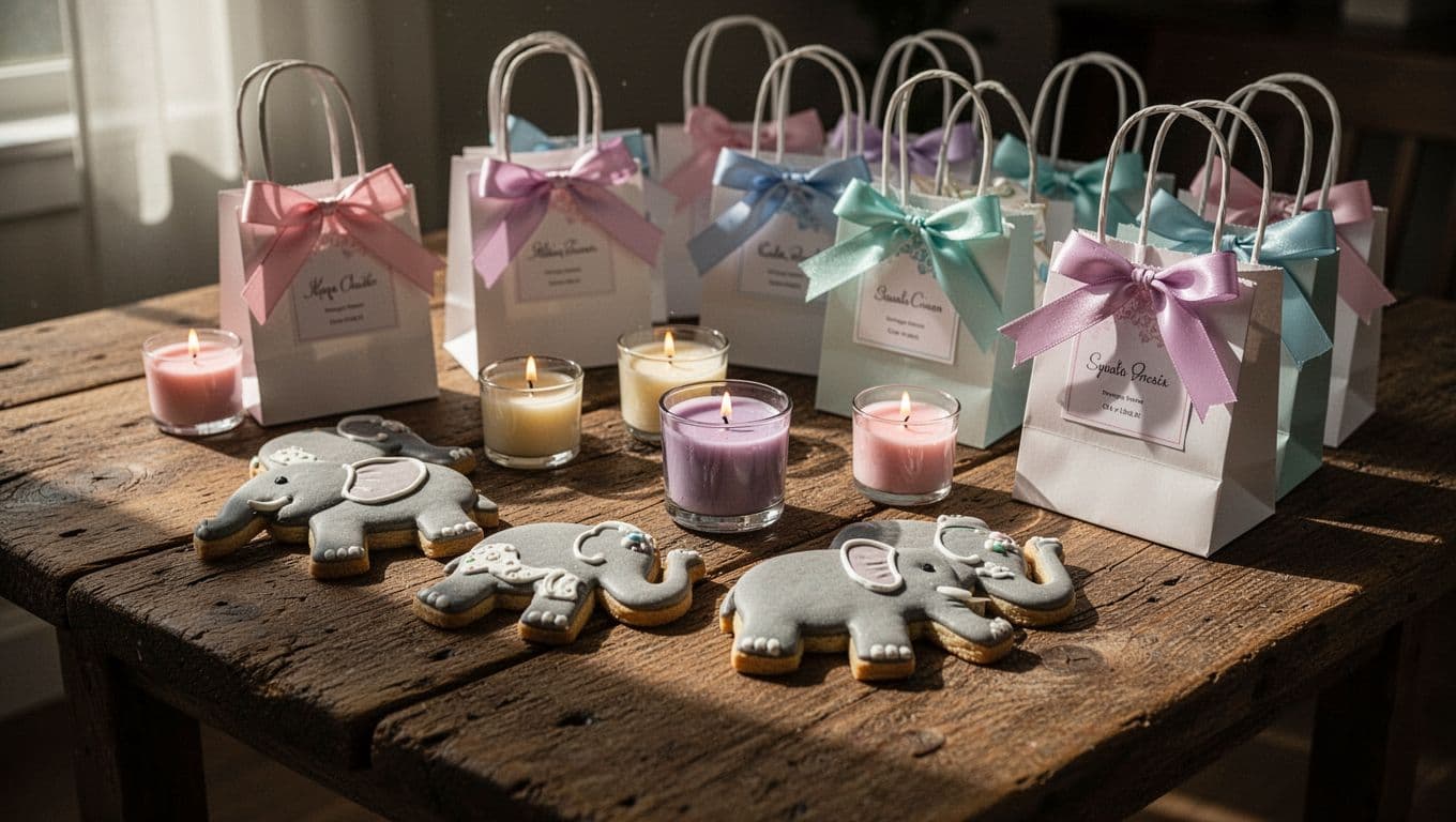 Elephant-shaped cookies sit next to scented candles and personalized gift bags tied with soft pastel ribbons. These items rest on a rustic wooden table under gentle, natural lighting with high contrast.