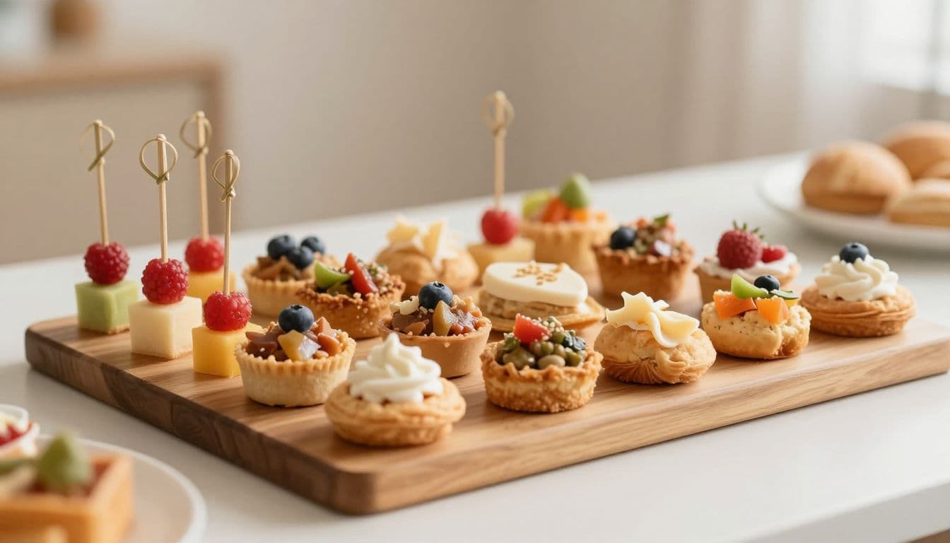 A rustic wooden board sits on a table, displaying arranged fruit skewers, bite-sized savory pastries, and colorful treats. Soft sunlight illuminates the spread, emphasizing the textures of the fresh, neatly placed snacks.