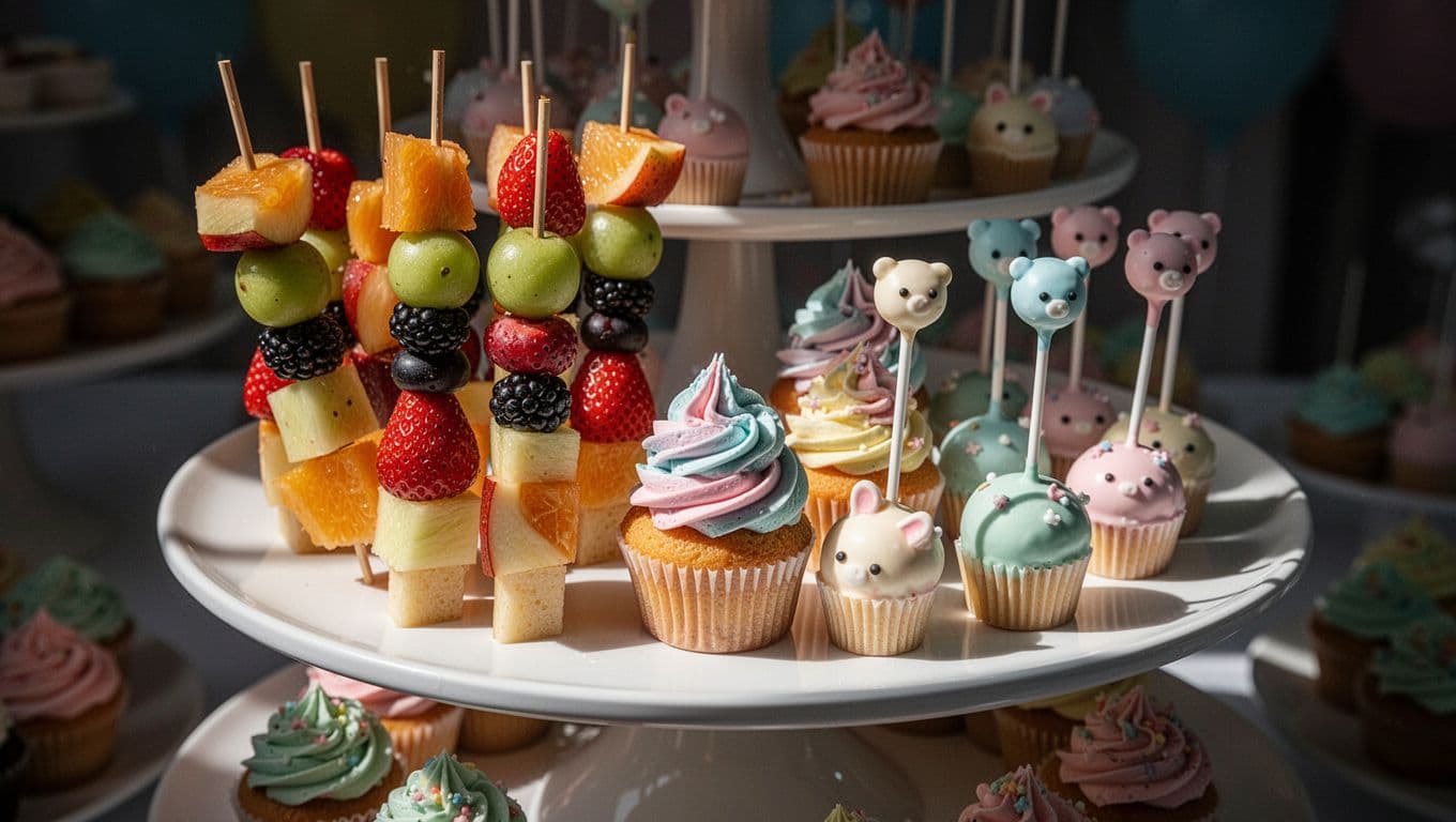 A white tiered platter showcases colorful fruit skewers alongside delicate mini cupcakes with pastel frosting and whimsical cake pops. Dramatic lighting highlights the rich textures of these celebratory party snacks.