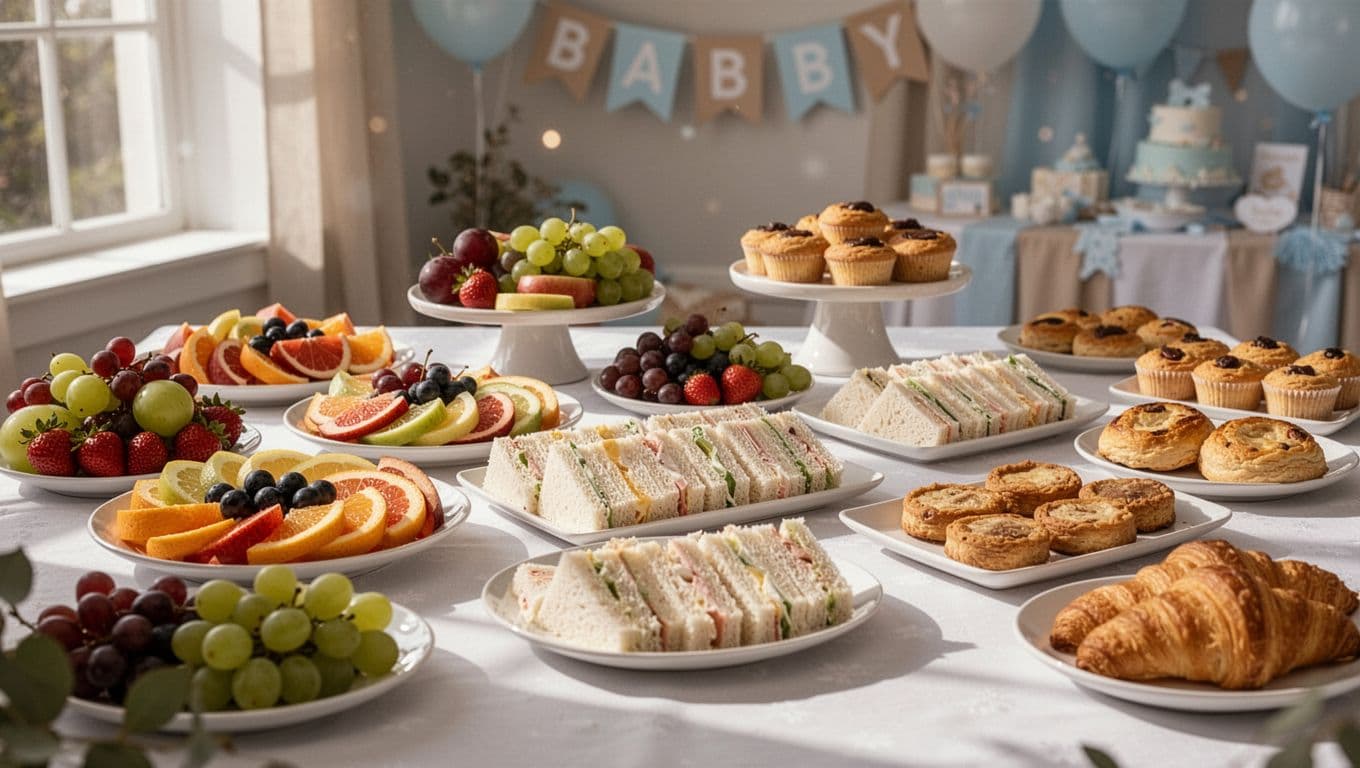 A wooden table displays a curated selection of fresh melon slices, delicate finger sandwiches, and frosted pastries. Soft sunlight highlights the vibrant colors of the food arranged on decorative platters.