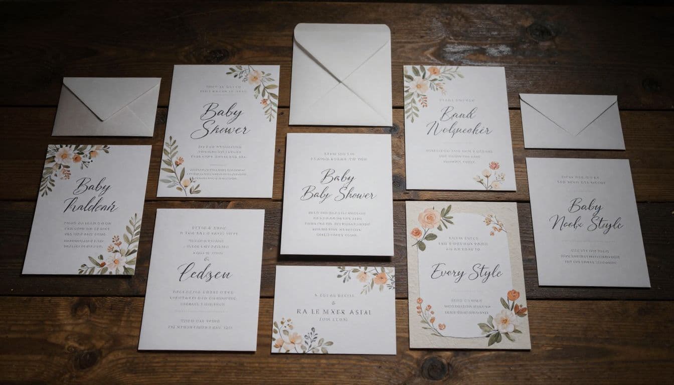 An assortment of baby shower invitation cards with floral patterns and textured scrapbook styles lies flat across a weathered wooden table. Dramatic light emphasizes the intricate paper layers and delicate designs.