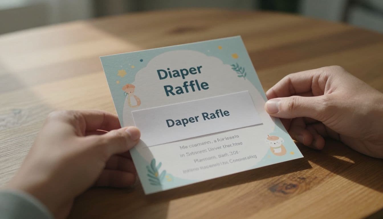 A close-up captures a hand holding a decorative invitation card and a small diaper raffle note over a rustic wooden surface. Gentle morning sunlight creates soft shadows across the table.