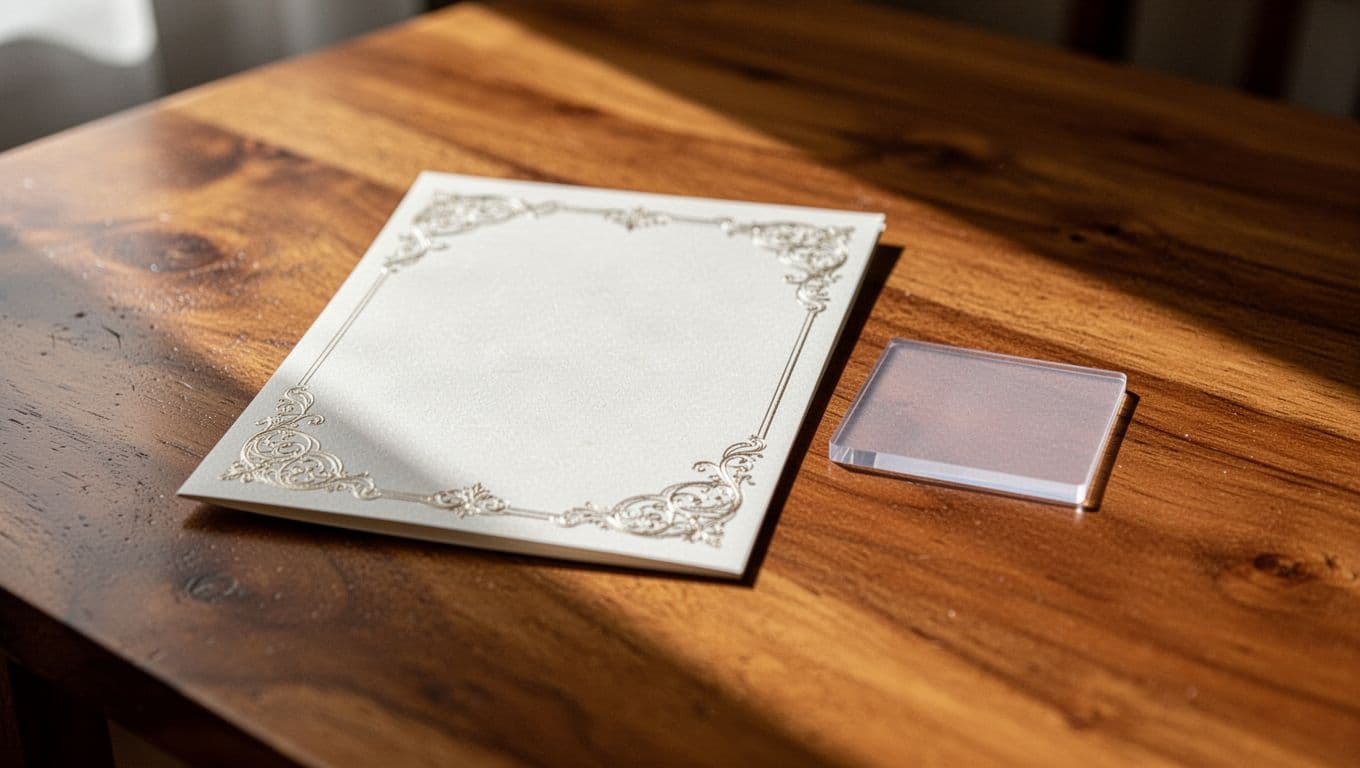 A decorative baby shower invitation card rests on a polished wooden surface beside a small raffle ticket. Soft dramatic lighting highlights the elegant script and delicate floral borders of the stationery.