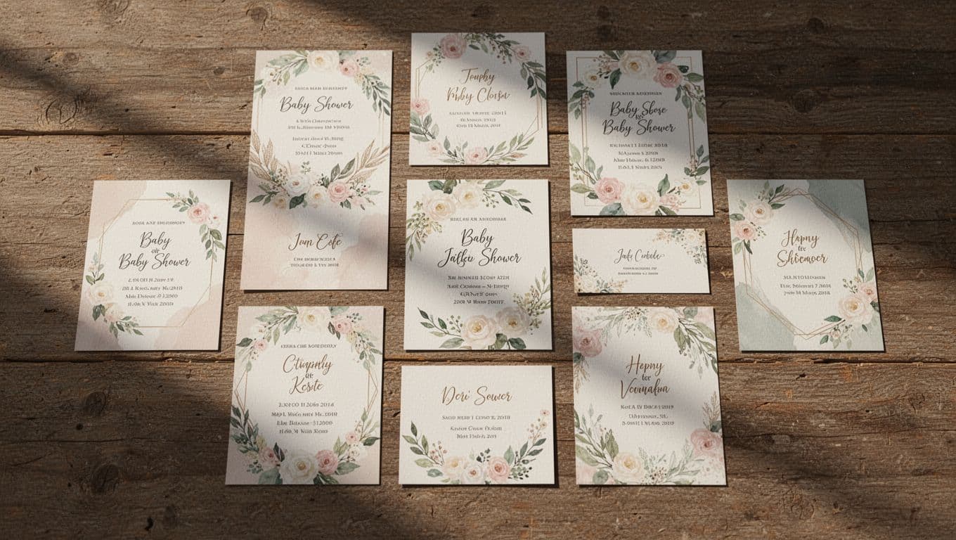 An assortment of floral, minimalist, and boho baby shower invitation cards are arranged on a textured rustic wooden table. Soft cinematic light highlights the intricate paper textures and elegant card edges.