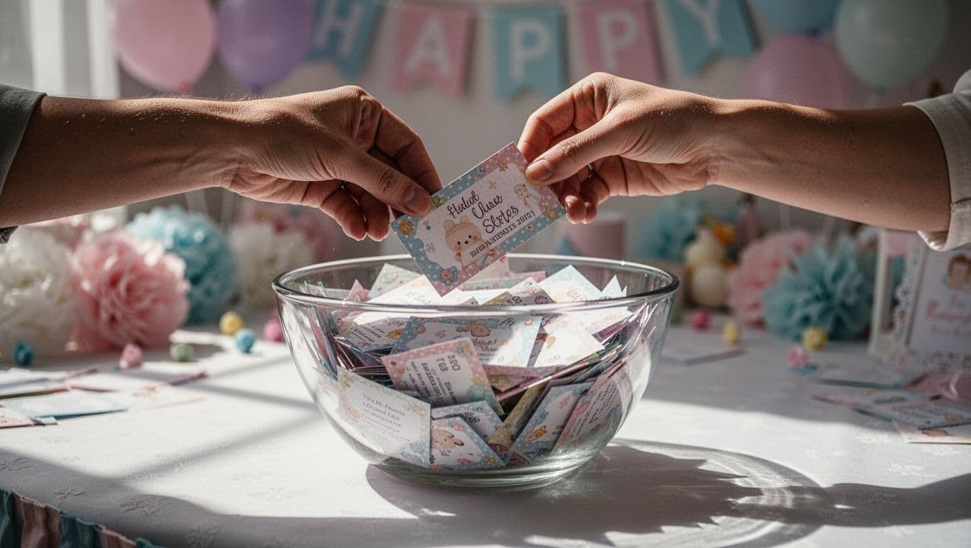 A guest hand places a vibrant raffle ticket into a clear glass bowl packed with colorful entries. Festive baby shower decorations create a soft, out-of-focus background with warm, cinematic lighting.