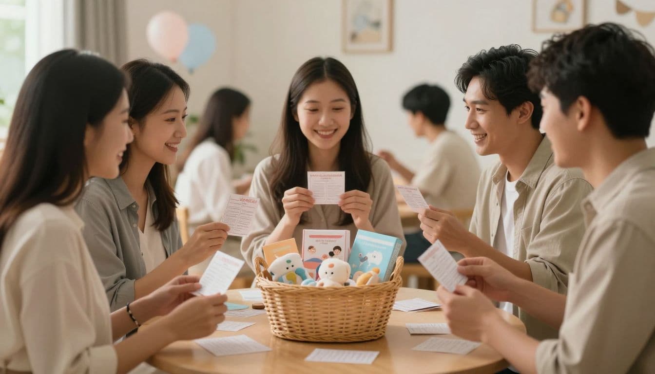 Three joyful guests hold raffle tickets near a central prize basket packed with infant essentials. The room features warm, ambient lighting that highlights the cozy and celebratory atmosphere of the gathering.