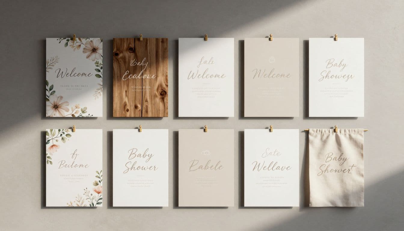 An assortment of decorative welcome signs features a clear floral acrylic board, a rustic wooden plank, a modern card, and a soft fabric banner laid out in an elegant, organized arrangement.