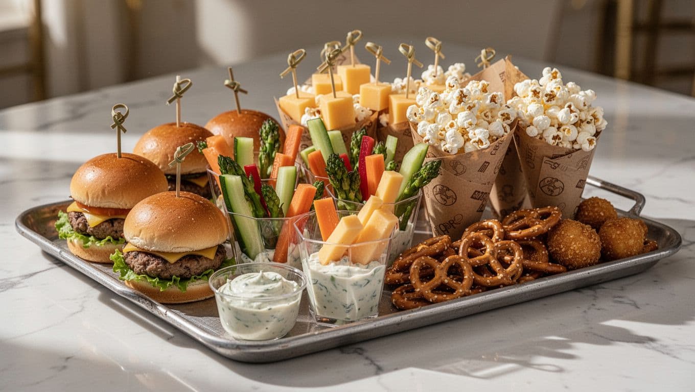 A wooden table holds curated trays of bite-sized refreshments including mini cheeseburgers, fresh vegetable sticks in small cups, cheese skewers, and crispy popcorn cones. Warm ambient light illuminates the organized display.