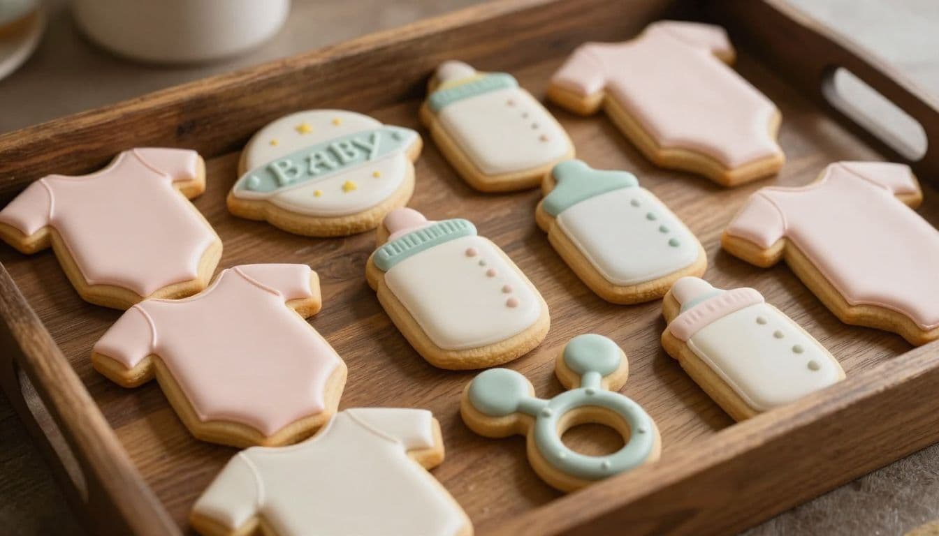 An assortment of blush, cream, and sage sugar cookies shaped like onesies, bottles, and rattles sit neatly on a rustic wooden tray. Warm cinematic lighting highlights the smooth pastel icing textures.