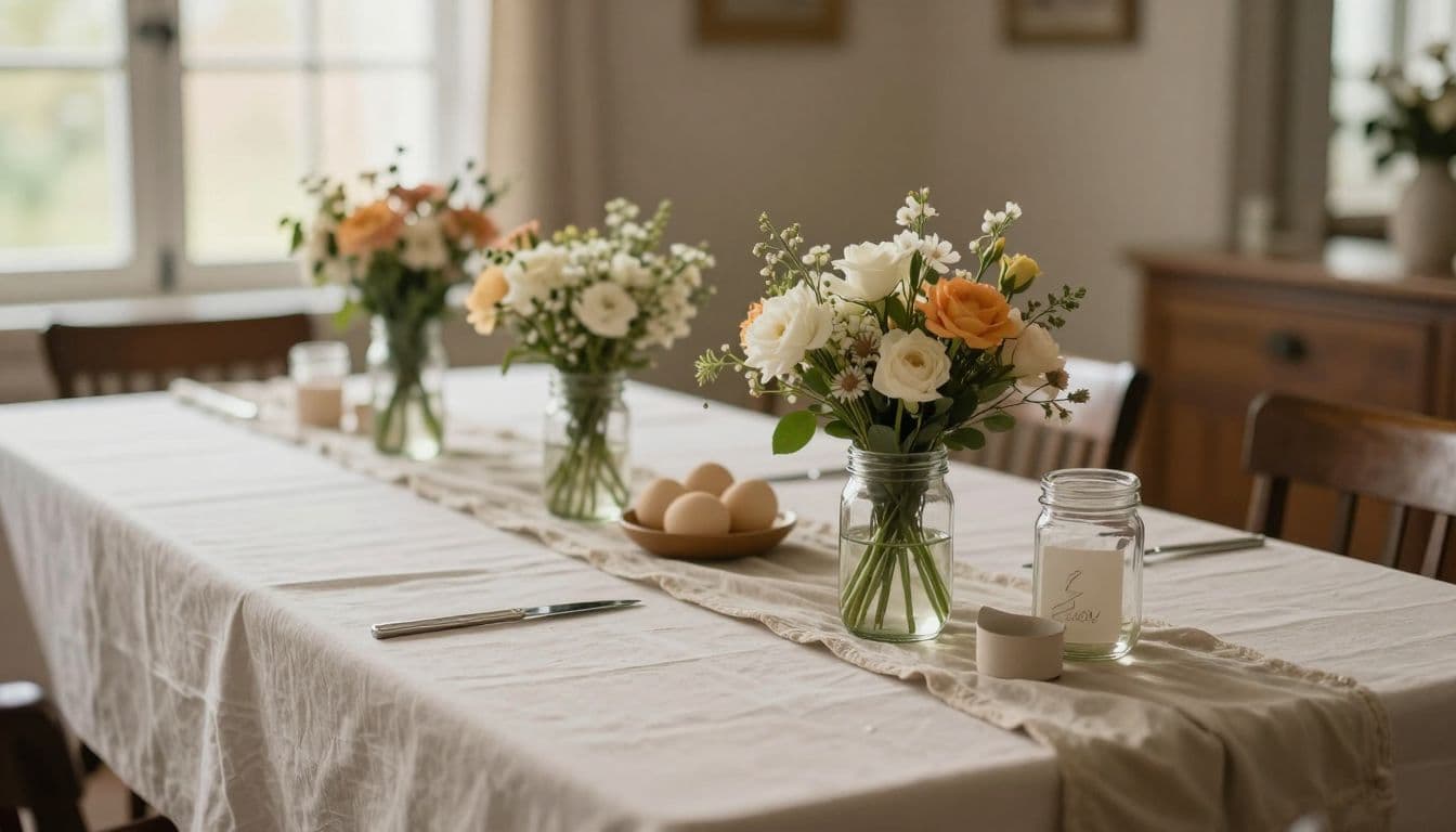 A soft fabric runner drapes across a long table adorned with small mason jar flower arrangements. Warm natural light fills the room to highlight the delicate textures and gentle floral tones.