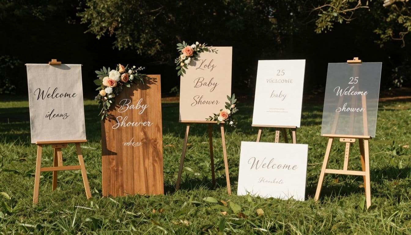 A fabric banner, rustic wooden board, and clear acrylic sign are displayed on a vibrant lawn. These elegant entrance markers are arranged to highlight diverse decorative styles for outdoor celebrations.