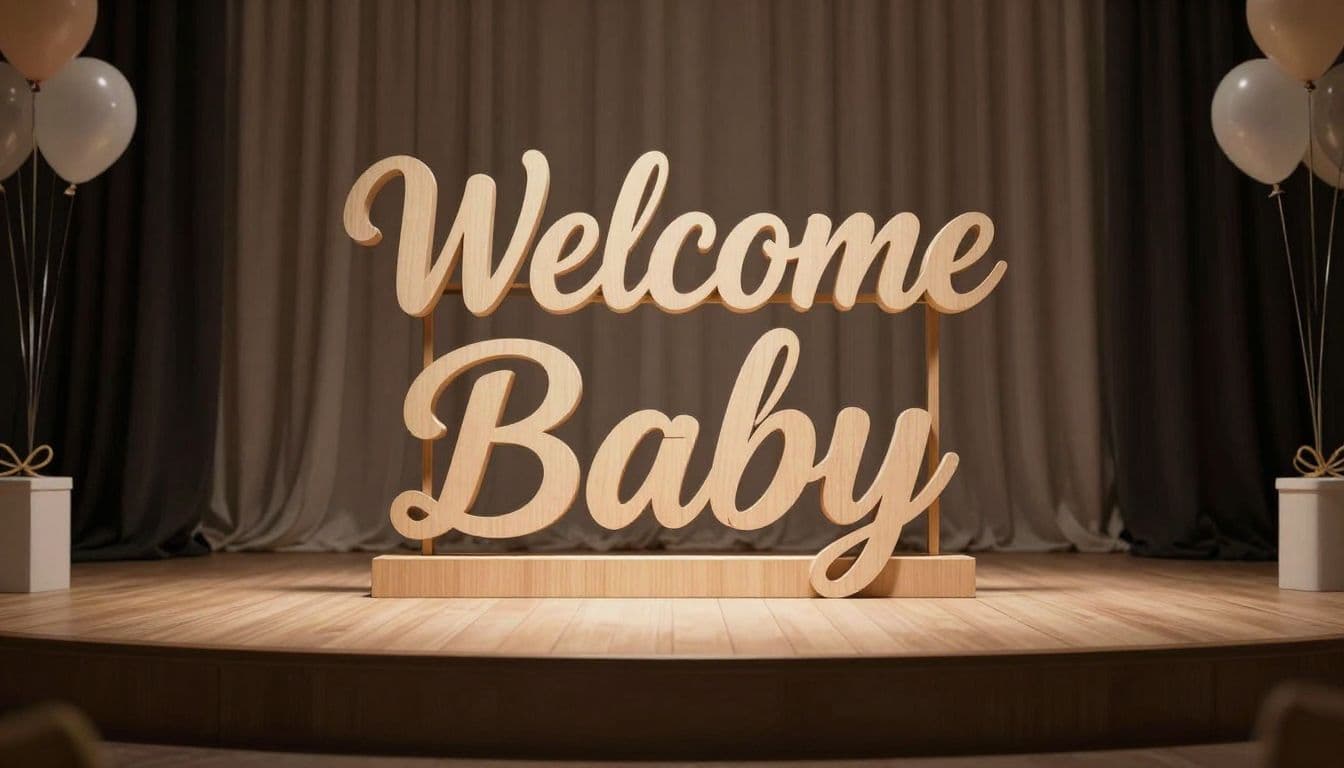A wooden sign announcing a welcome baby stands center stage amidst soft floral arrangements and warm, glowing lanterns. Elegant fabrics drape over the platform to create an intimate and cozy atmosphere.