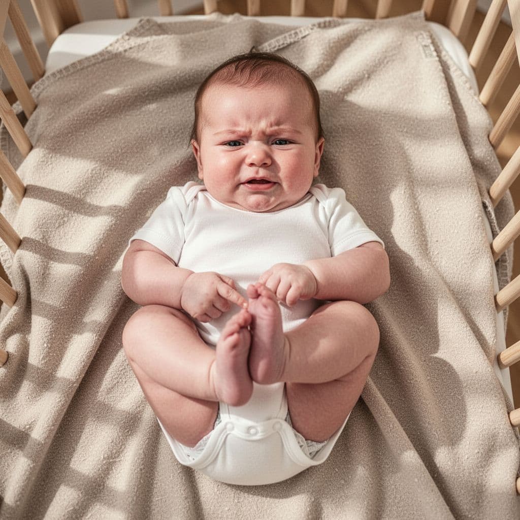 An infant wearing a cotton onesie lies on a soft blanket while pulling their knees upward.