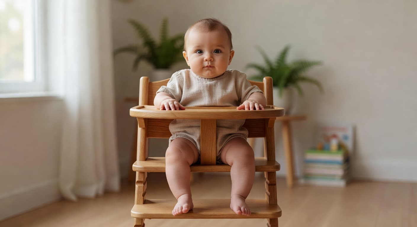 A six-month-old infant sits upright in a sturdy wooden high chair, demonstrating steady core strength. Soft natural light illuminates their face and highlights the natural grain of the wood furniture.