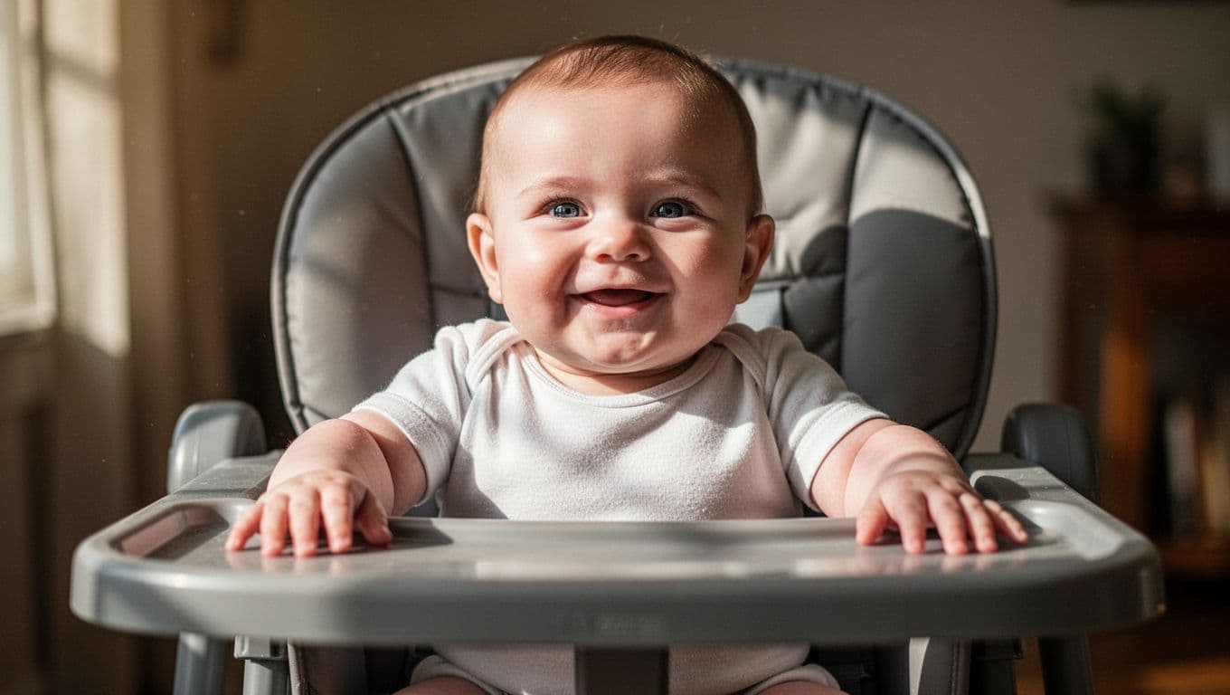 A happy baby sits upright and steady in a wooden high chair, bathed in natural window light. The shallow focus highlights the infant's engaged expression while blurring the soft background.