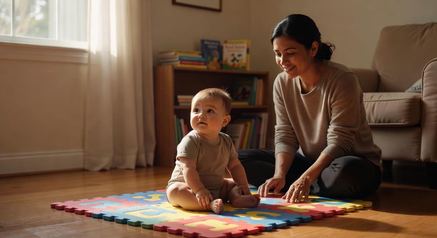 A six-month-old infant balances on a plush playmat in a sunlit living room. A parent sits closely behind, watching attentively as soft natural light illuminates the calm, domestic scene.