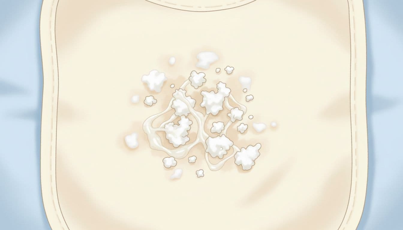 Small amount of curdled white milk mixed with stringy clear mucus on a cloth bib.