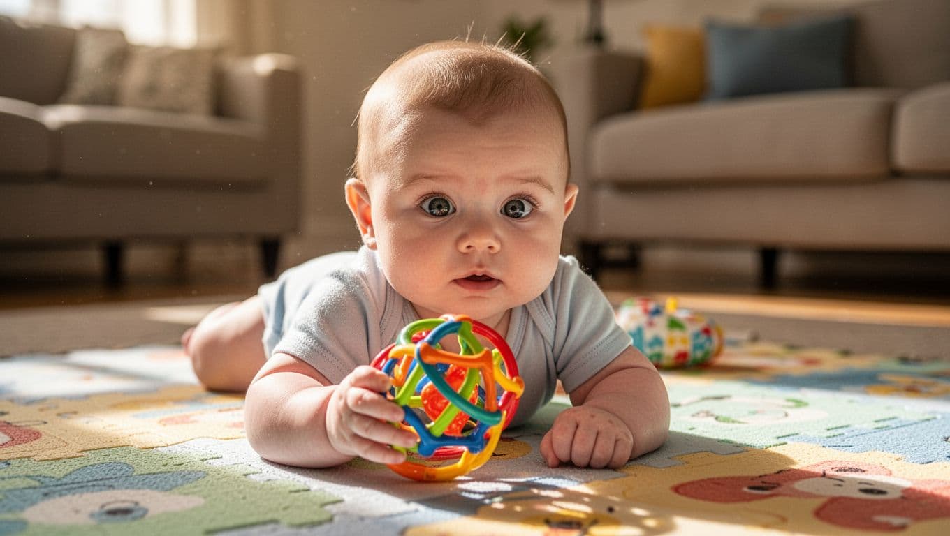 Two-month-old baby on play mat stares intently at colorful rattle held at arm's length in sunlit room.