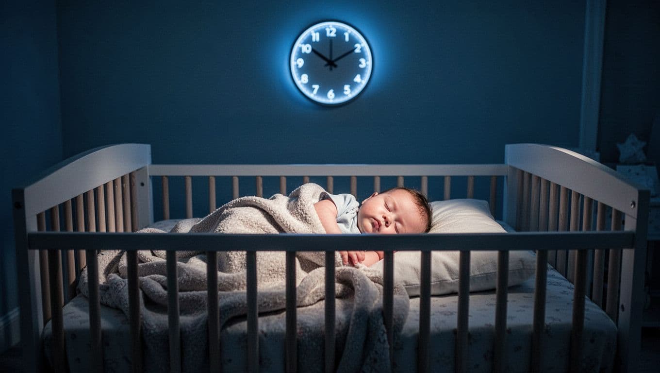 Baby subtly stirs in crib with soft blanket in dimly lit nursery, clock shows 45-60 minute intervals.