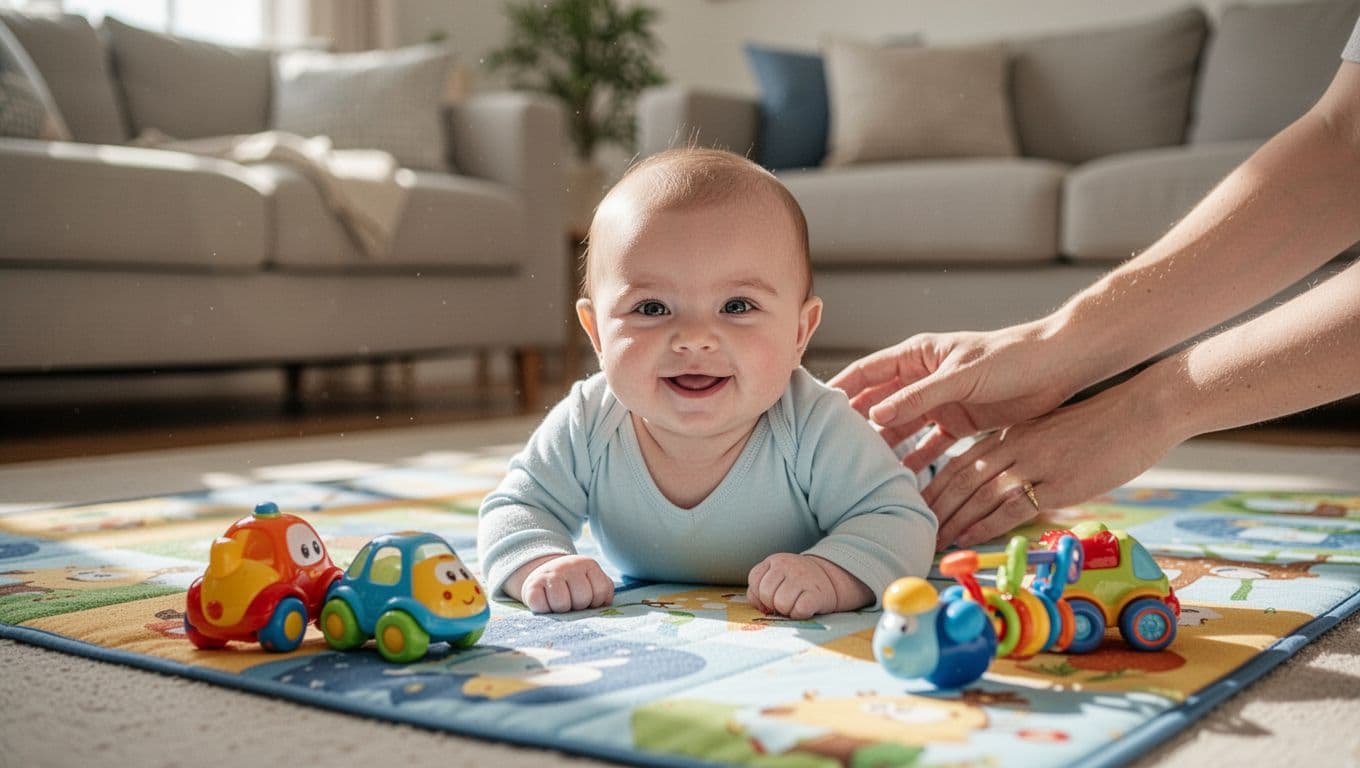 Three-month-old baby lifts head on colorful play mat, smiling at toys, parent's hand supporting nearby.