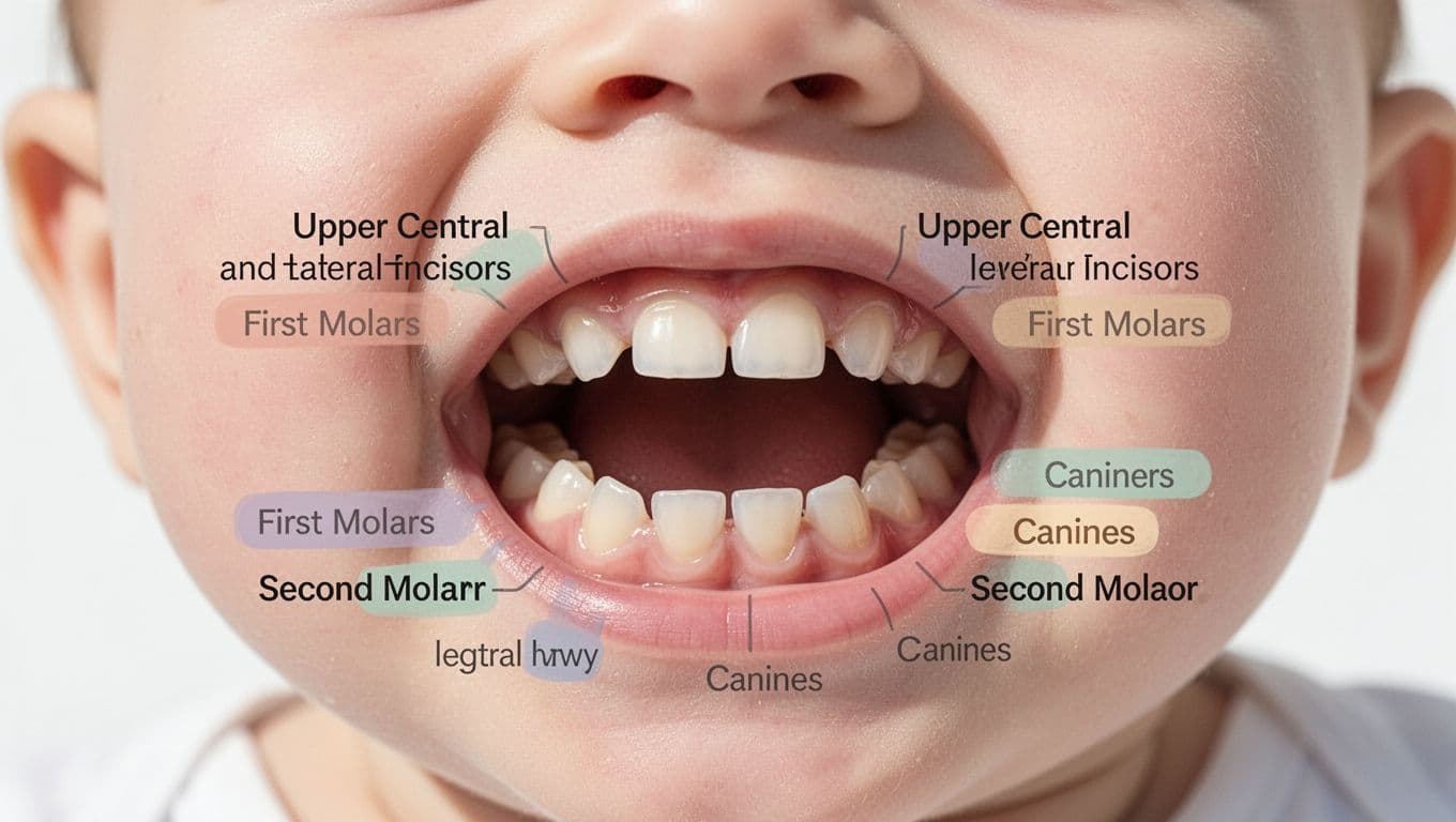 Infant mouth diagram illustrates typical baby teeth eruption order with color-coded stages.