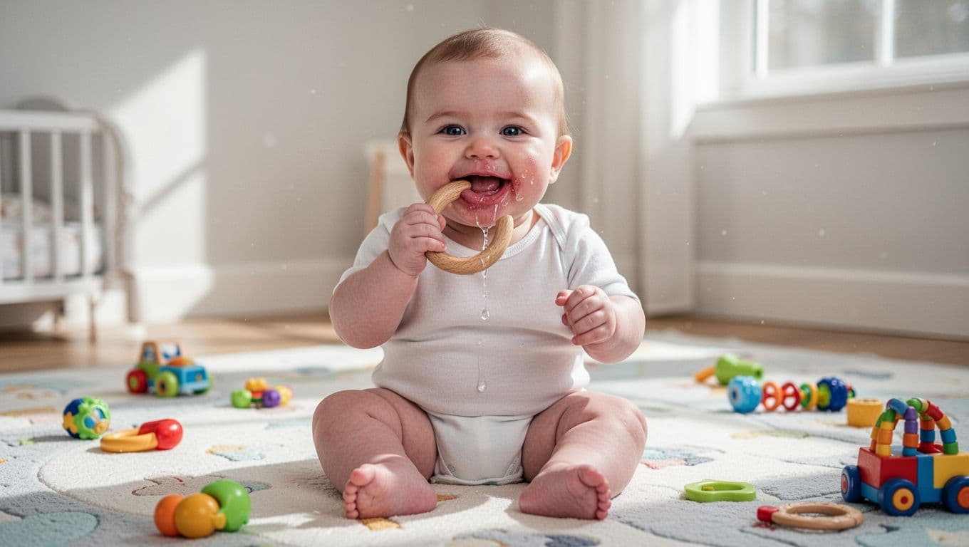 8-month-old baby sits on play mat chewing wooden teething toy with drool dripping onto chin and swollen gums visible.