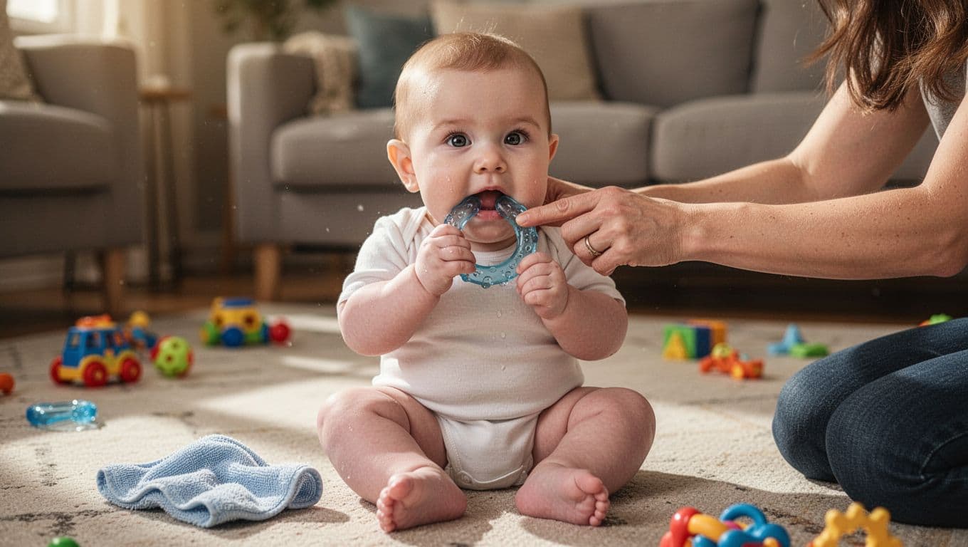 8-month-old baby on living room floor chews teething ring held in one hand as parent's finger rubs gum, wet washcloth and toys nearby.