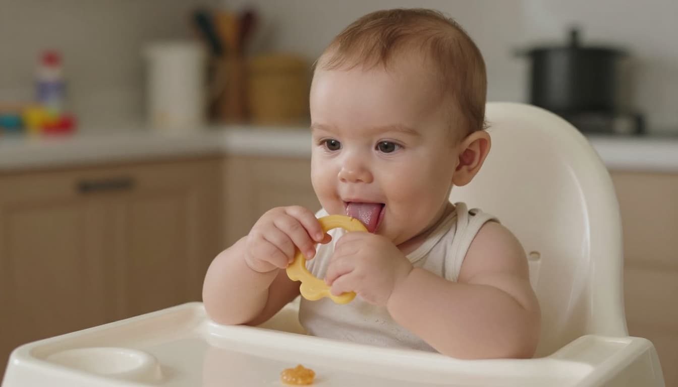 Eight-month-old baby in high chair sticks tongue out holding teething toy with spoon nearby.