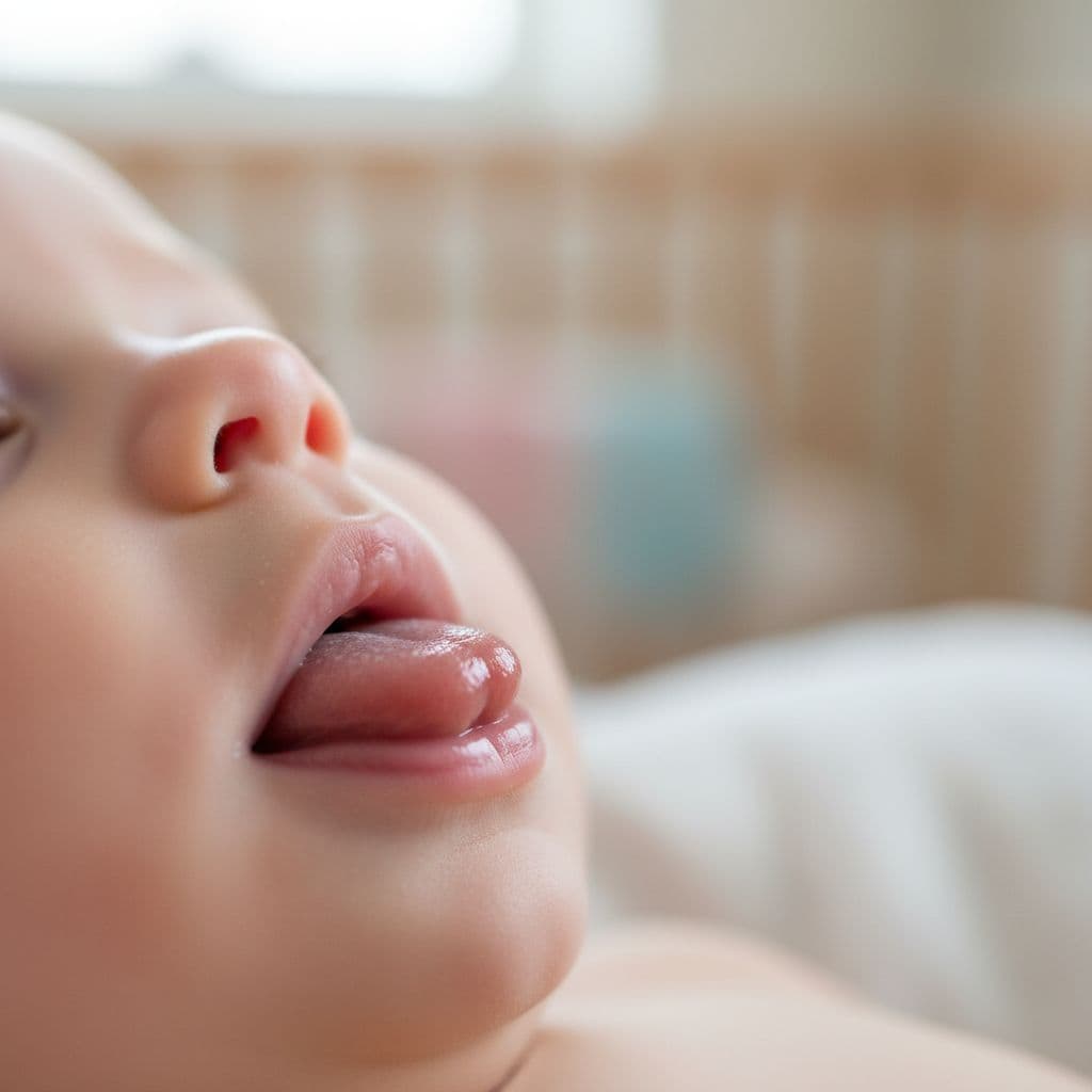 A close-up view of a baby's pink tongue showing a light layer of normal milk residue.