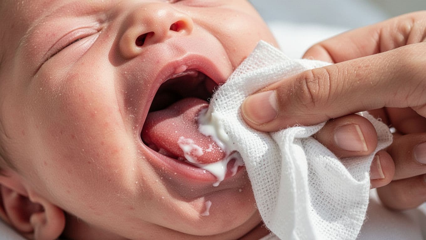 Parent's finger with damp cloth wipes thin milk residue from baby's pink tongue in close-up mouth view.