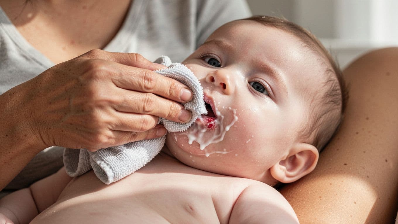 Adult hand wipes damp cloth on baby's tongue, partial white coating remains over raw red spot.