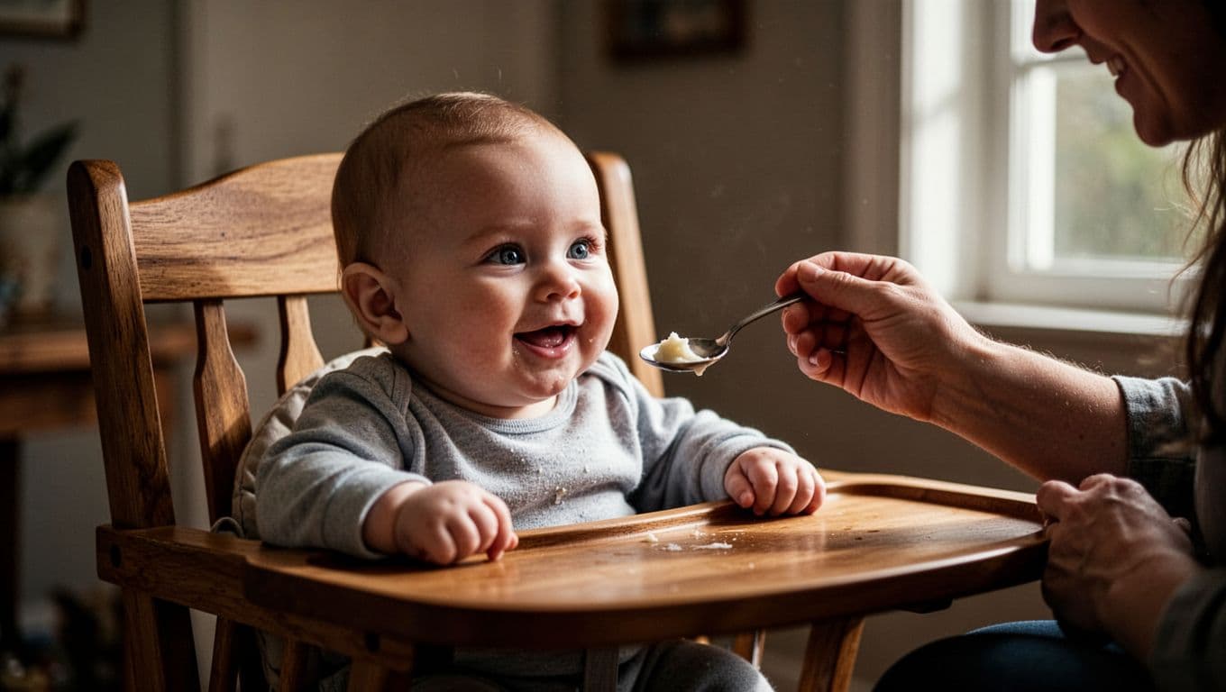 A happy infant sits in a sturdy wooden high chair as a parent presents a small spoon for feeding. The soft indoor lighting highlights the child's eager expression and gentle features.