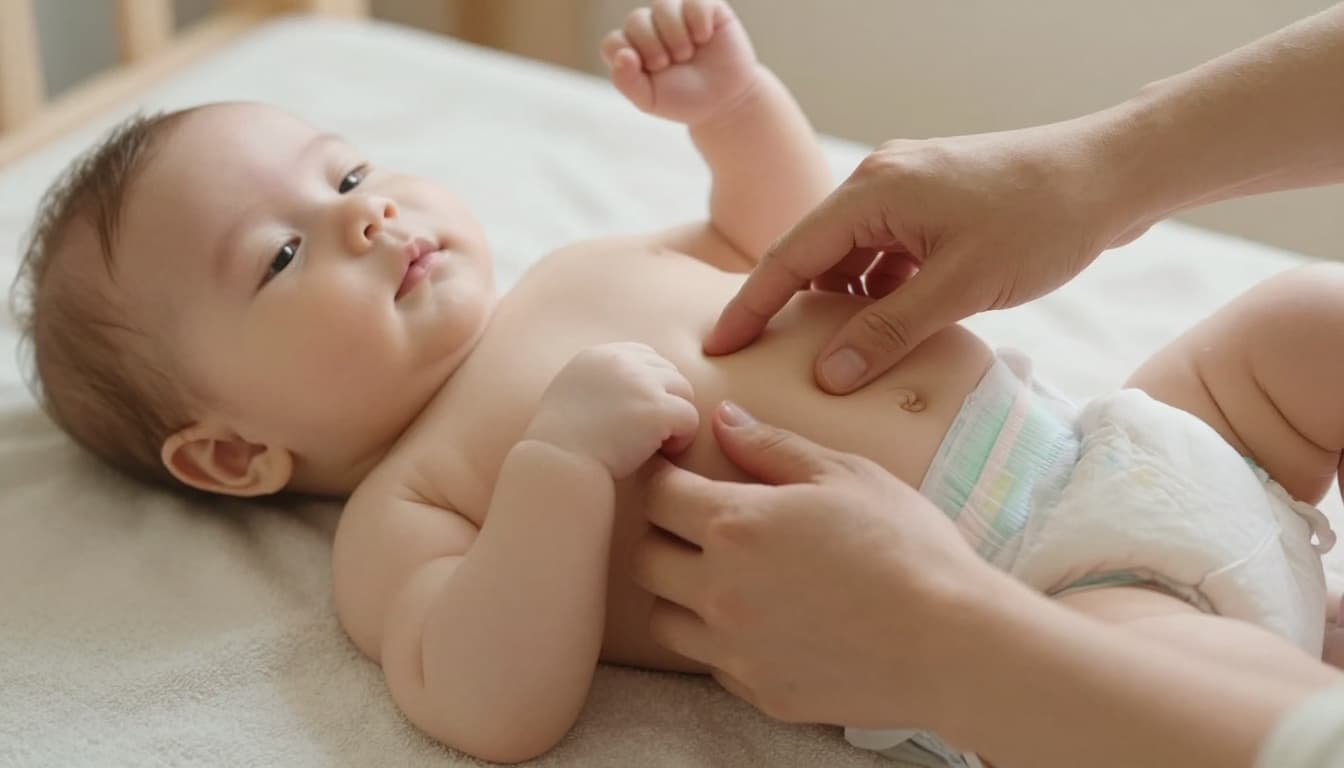 Two hands make clockwise circles on relaxed baby's diapered tummy on a towel.