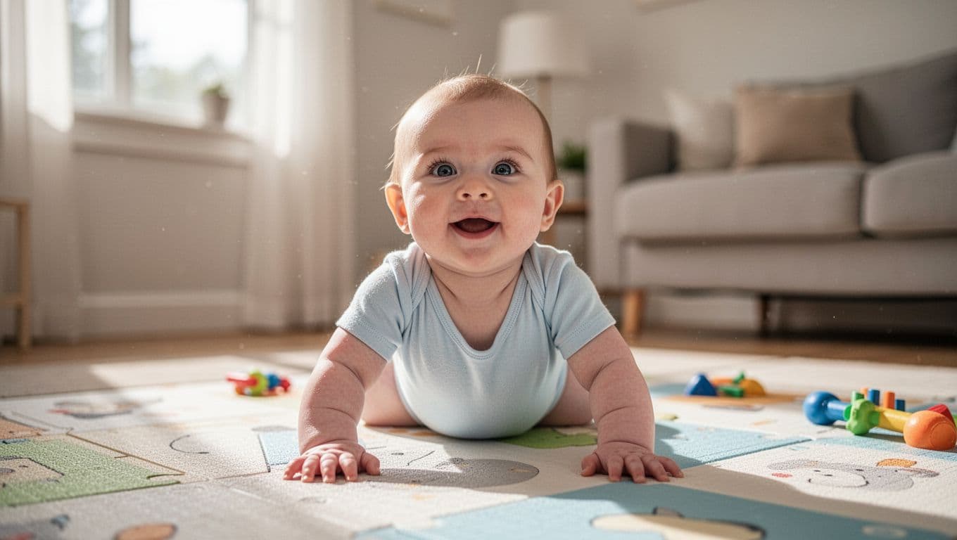 5-month-old baby lifts head high on elbows during tummy time on play mat.