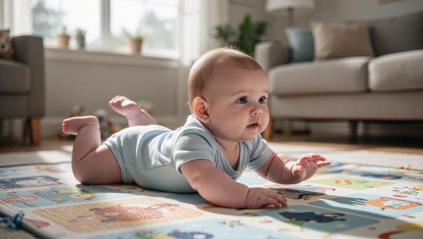2-month-old baby on colorful playmat lifts head slightly, arms extended, legs kicking in bright living room.