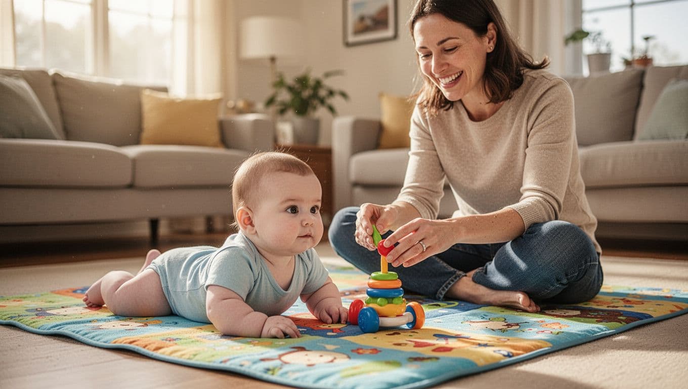 4-month-old baby on colorful play mat lifts head on elbows as smiling parent sits nearby with toy.