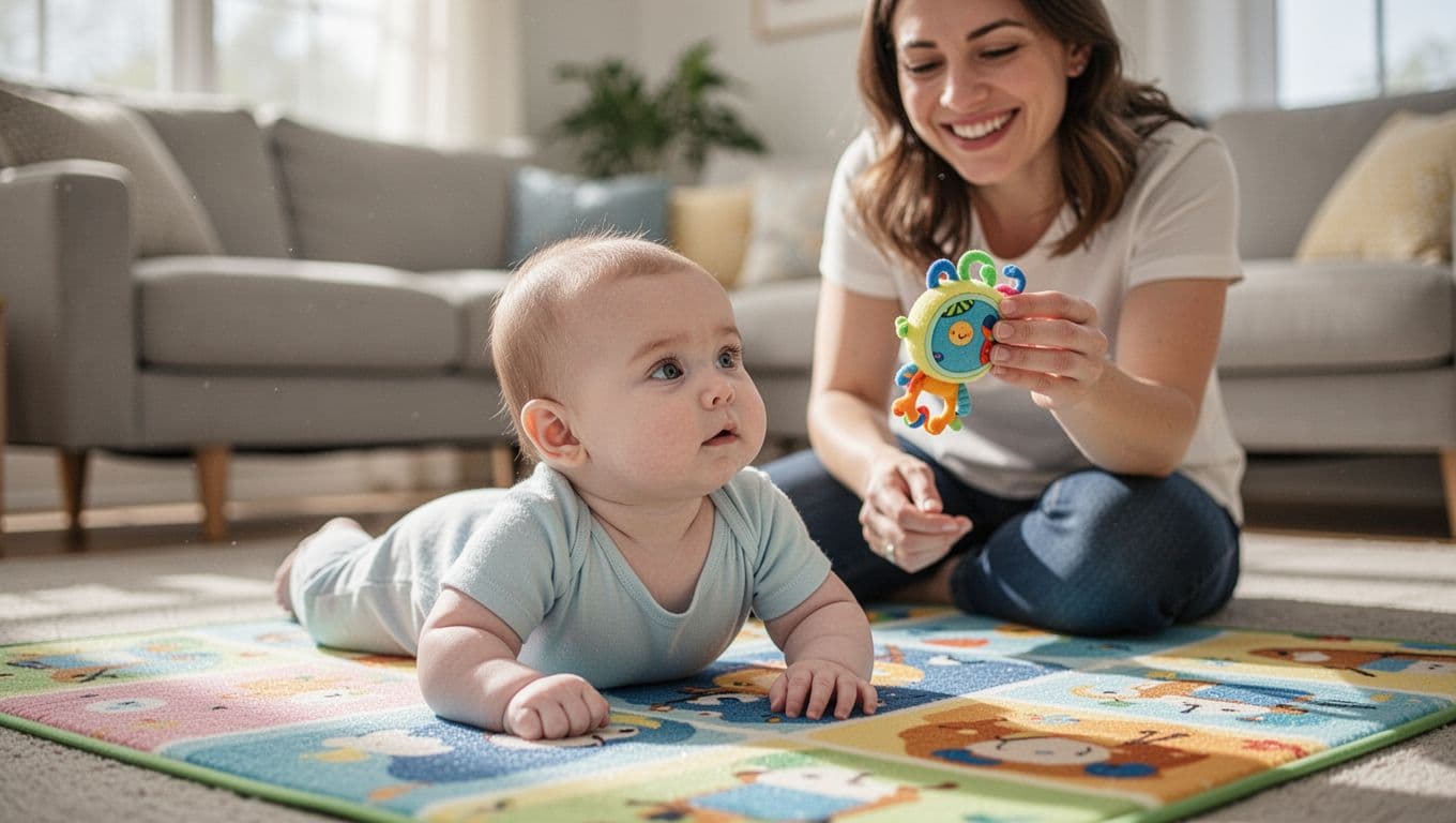 4-month-old baby lifts head on elbows on colorful play mat, looking at toy held by smiling parent.