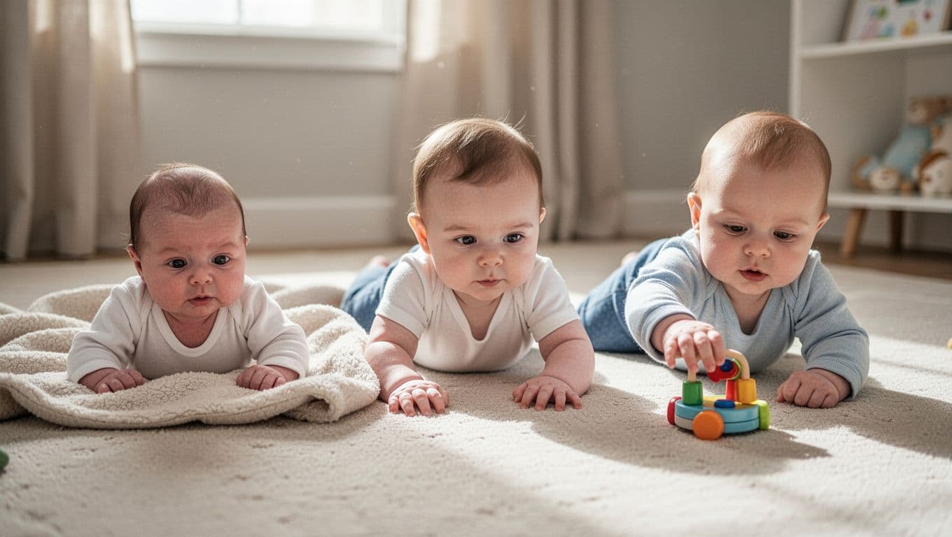 Side-by-side realistic photos of three babies during tummy time: newborn briefly lifting head on blanket, 2-month-old pushing up on forearms, 4-month-old reaching for toy while propping on elbows, in a bright home play area with soft natural light.