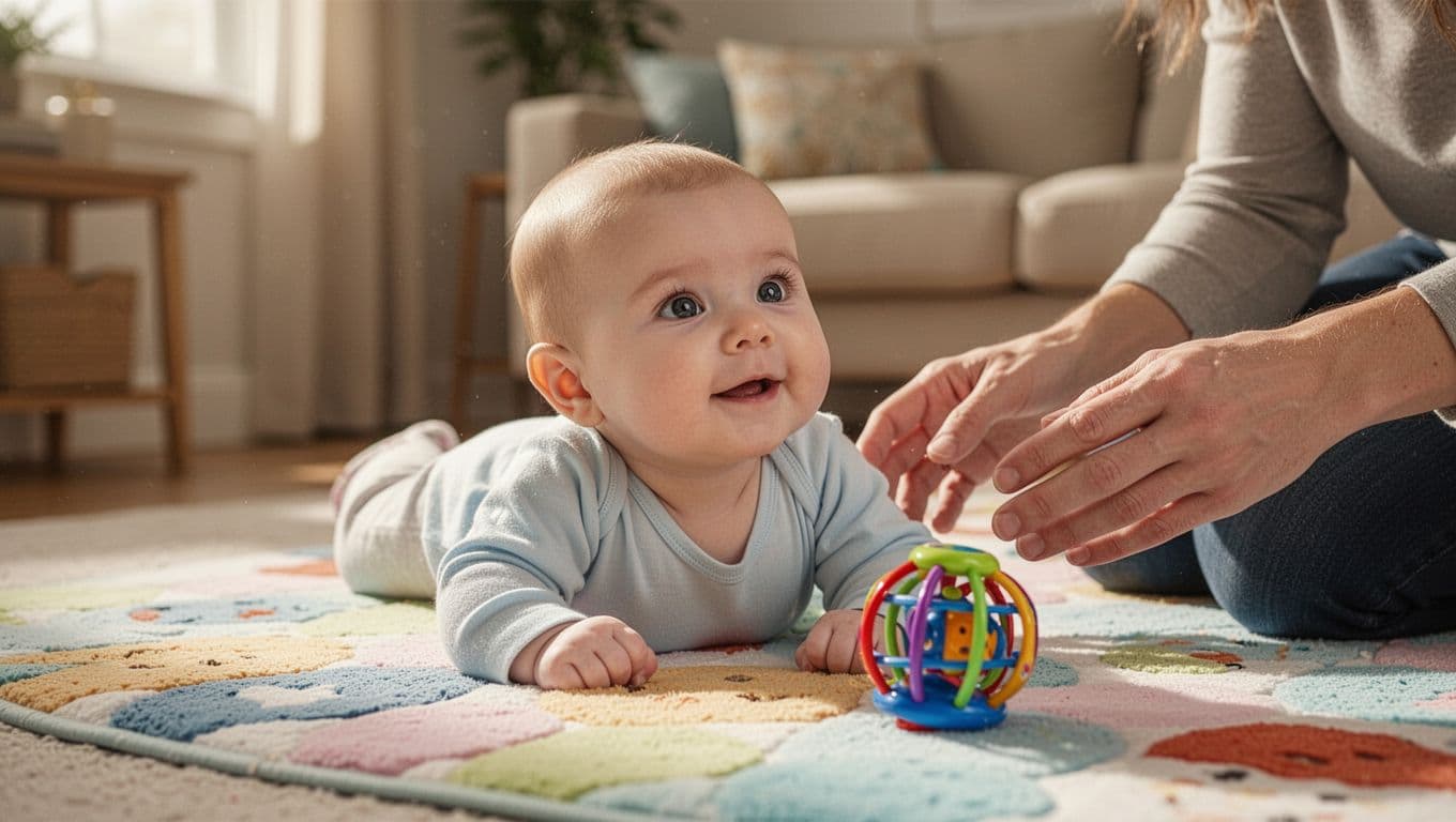 4-month-old baby lifts head on colorful play mat during tummy time, eyeing nearby rattle toy with parent hands visible.