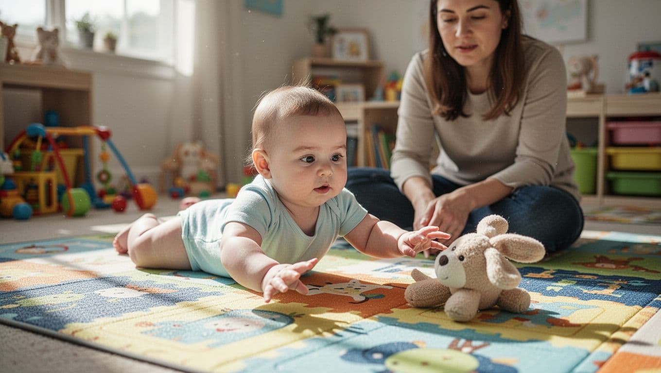 7-month-old baby on colorful playmat reaches both hands toward soft toy during tummy time, parent supervising nearby.
