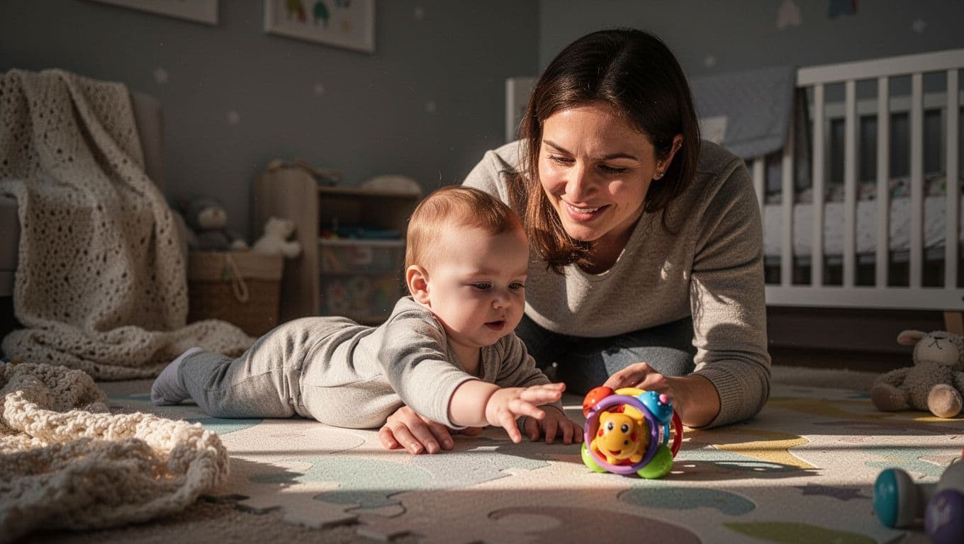 A parent watches closely as their baby lies on a plush play mat, reaching forward with outstretched arms toward a vibrant colorful toy placed intentionally just beyond their immediate grasp.