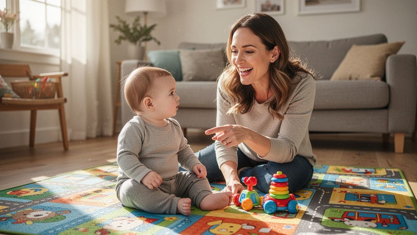 Eight-month-old baby on colorful play mat turns head toward smiling mother talking and pointing to toy.