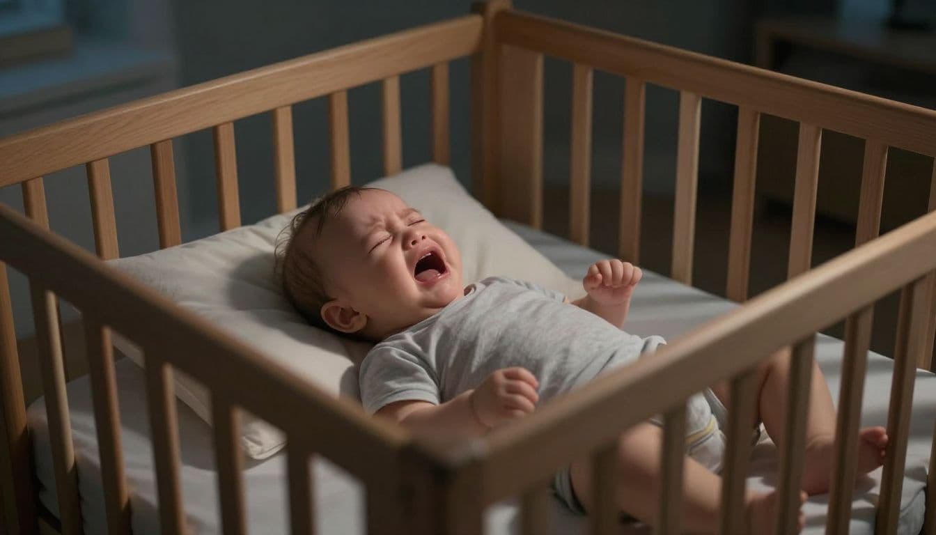 A young infant sits up in a wooden crib during the quiet night. Soft ambient light highlights the baby's features against the deep shadows of the cozy, darkened nursery room.