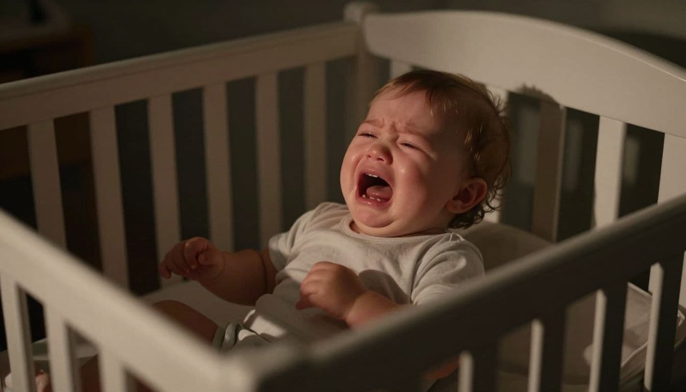 A toddler sits upright in a dark wooden crib, blinking with a tearful expression while surrounded by deep shadows. The scene is illuminated by a soft, warm glow from nearby nursery decor.