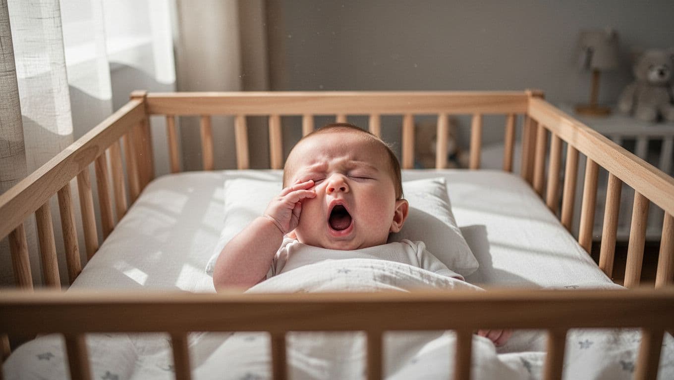Young baby lies in crib yawning with open mouth and hand touching eye area in soft nursery light.