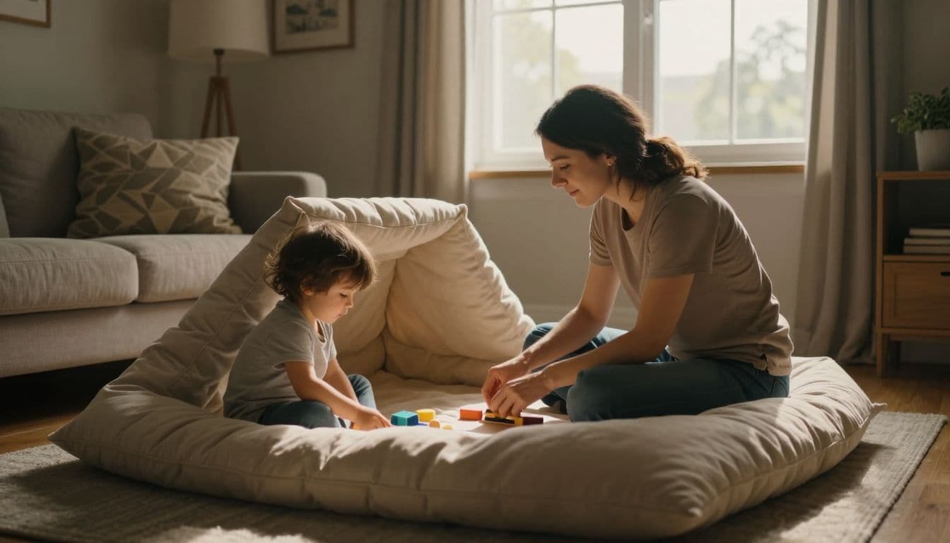 A kind babysitter sits on a soft rug, helping a young child drape a patterned blanket over chair backs. Sunlight creates a gentle glow across the cozy living room floor.