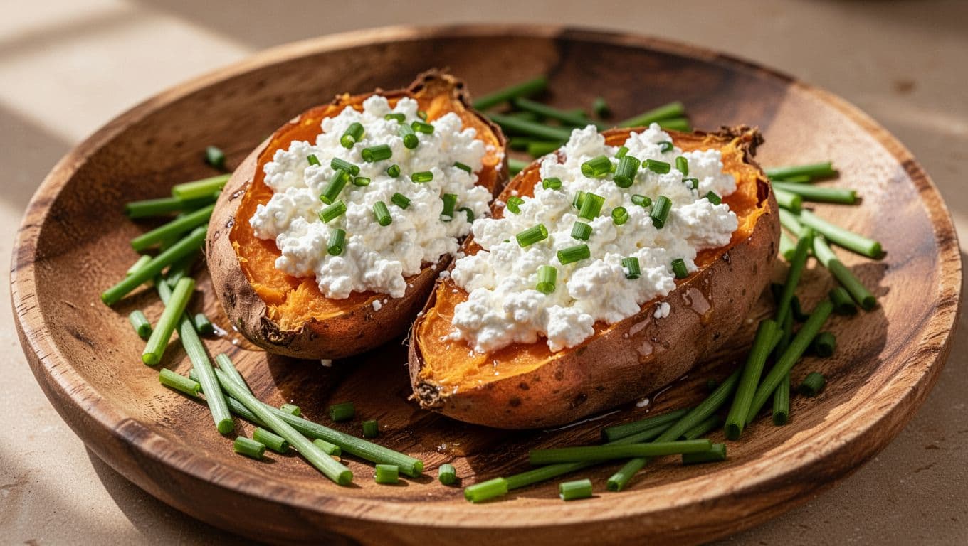 Baked sweet potato halves topped with cottage cheese on a rustic wooden plate, chives scattered nearby.